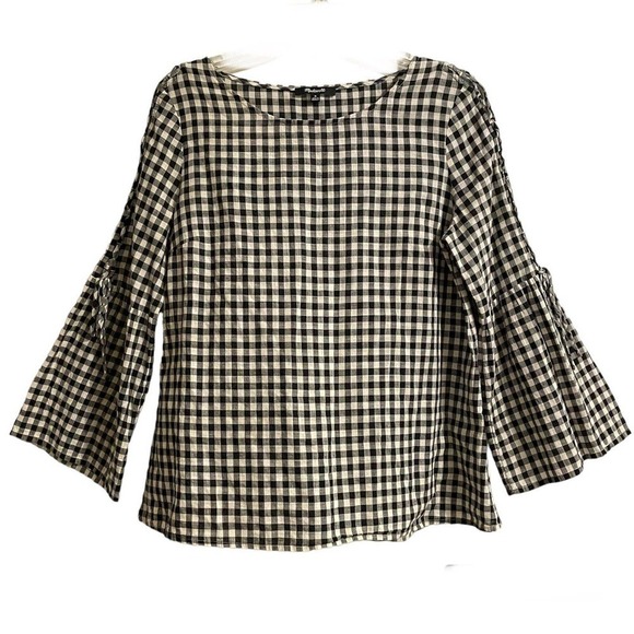 Madewell Tops - Madewell Gingham Lace Up Bell Sleeve Top Black & White Medium Check Boho…